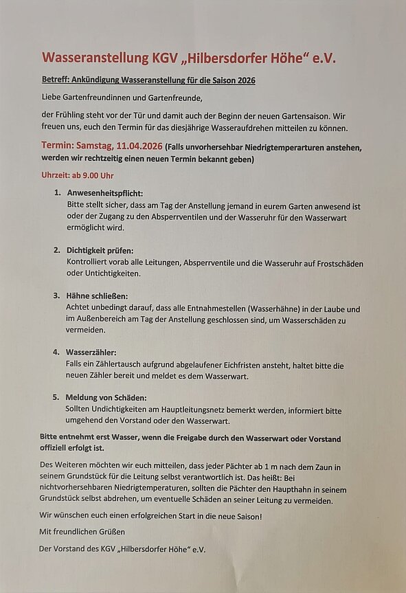 Aushang zur Wasserbereitstellung